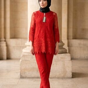 Ultra Pink Red Lace Straight-Leg Pants & Tunic Set